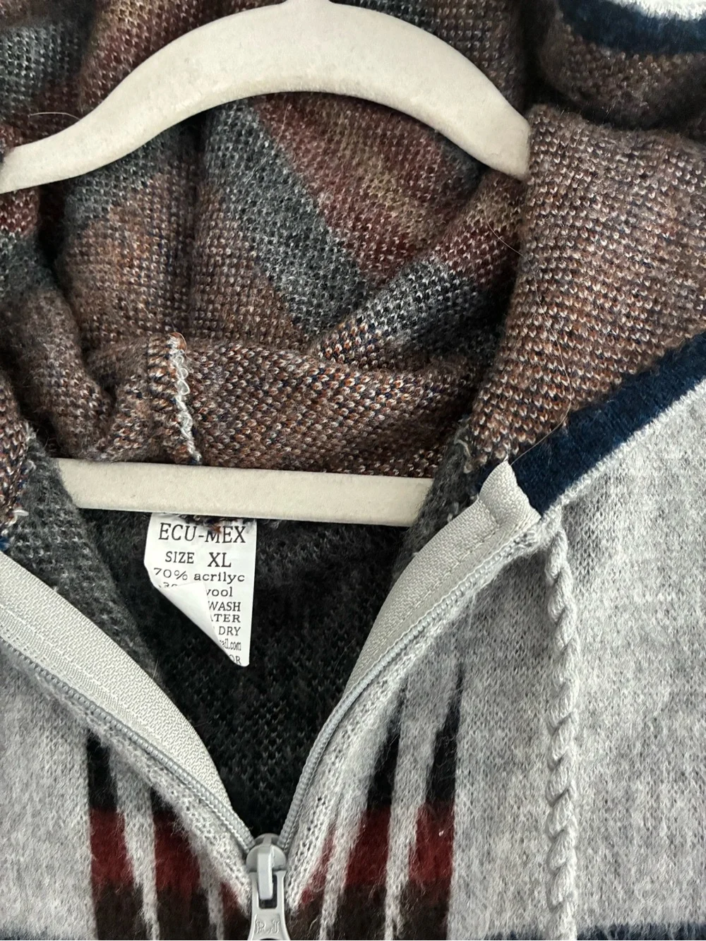 Zip-Front Hooded Sweater with Southwestern Pattern - Gray & Brown XL